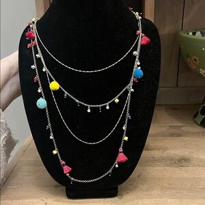 INC Colorful Multilayered Novelty Necklace Tassels Pompoms Beads Boho Fun